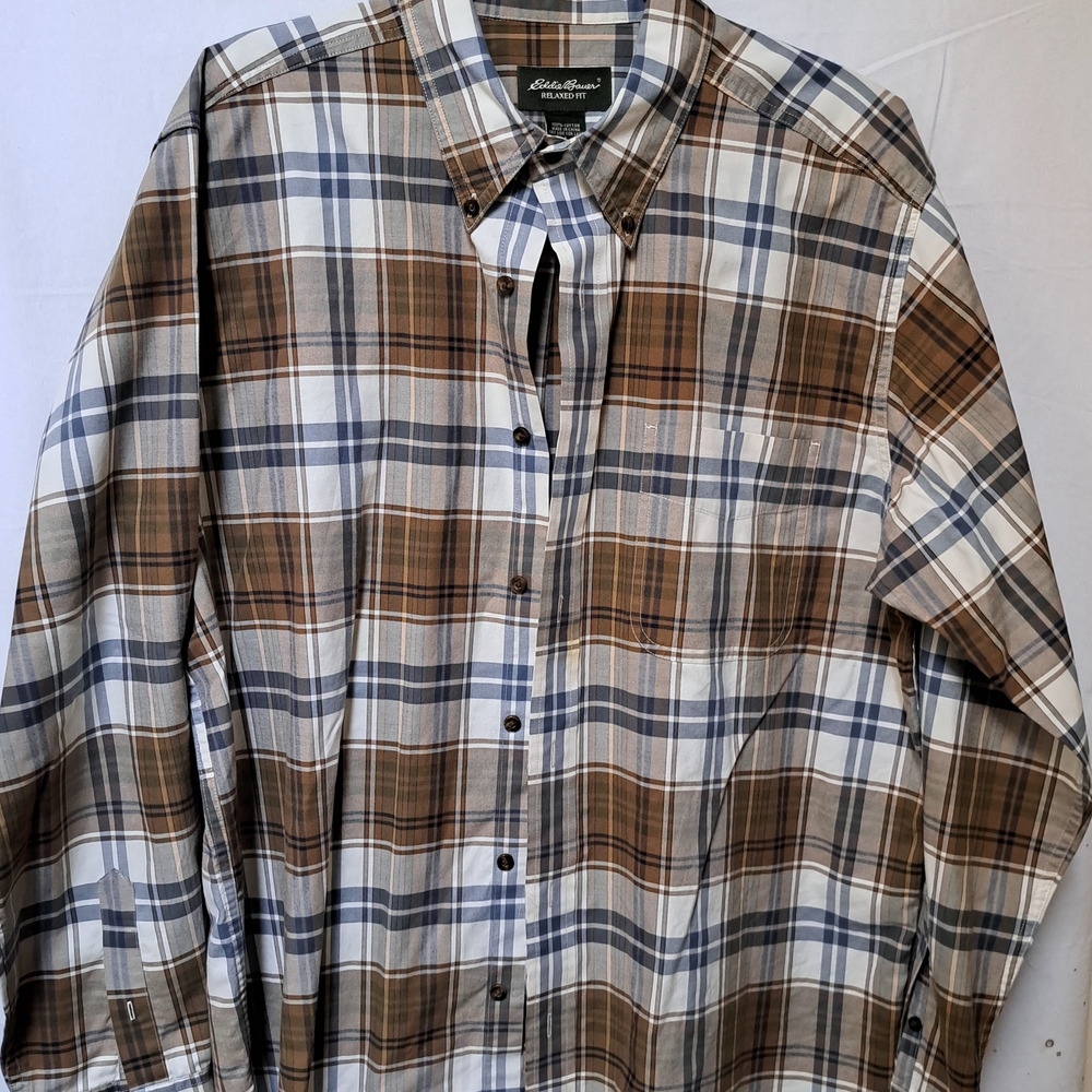 Eddie‎ Bauer Mens Relaxed Fit Plaid Button Down Shirt Brown Blue White Large